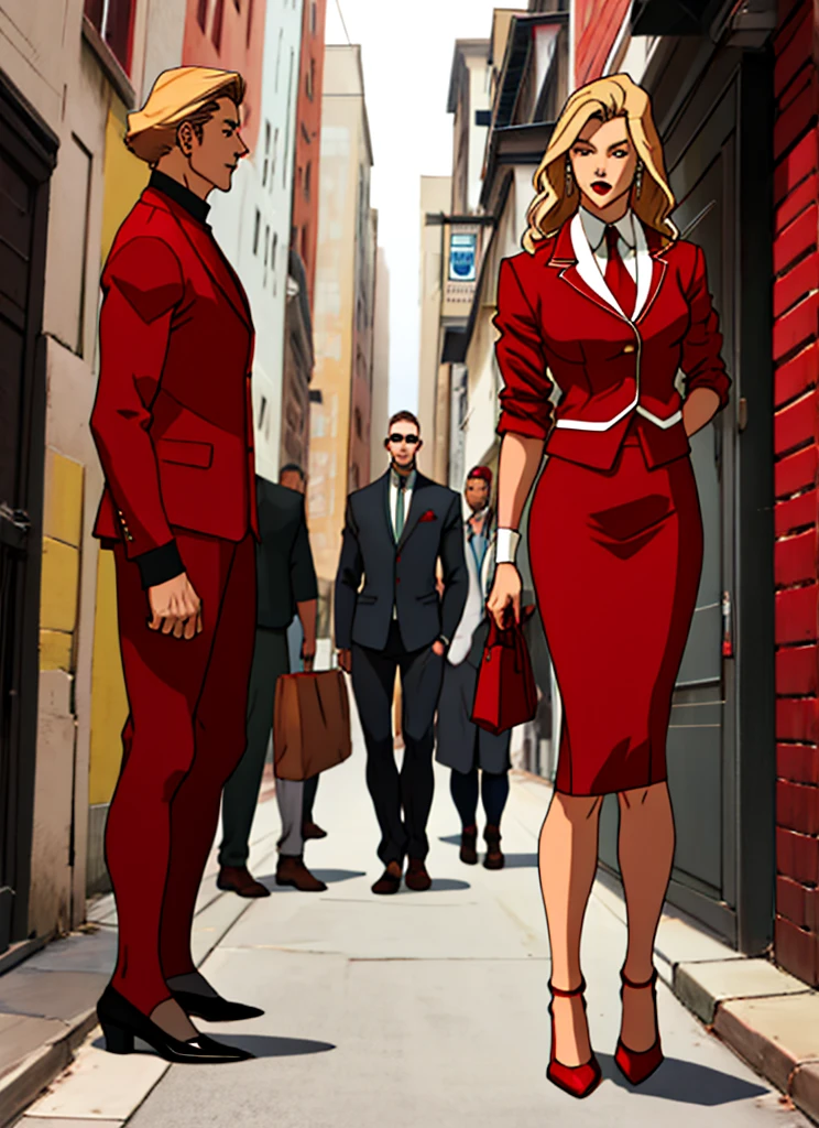 90s skinny adult long blonde hair business woman in a red suit
, red pencil skirt , and red heels  full body 