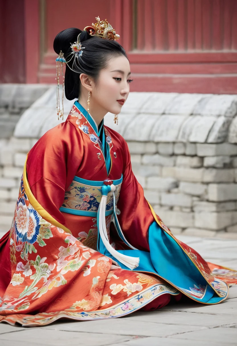 A woman seen from the front, sitting facing forward with her legs apart. Empress of the Qing Dynasty, Chinese imperial court. The Chinese empress is wearing a crown and a red Manchu dress with a floral pattern, open at the front, exposing her chest, lower abdomen, thighs and feet.。She is wearing no underwear, and her large breasts are exposed, right down to her bare stomach. Her hair is tied up and pulled up, and the background is the stone pavement of the Chinese palace of the Qing Dynasty.
