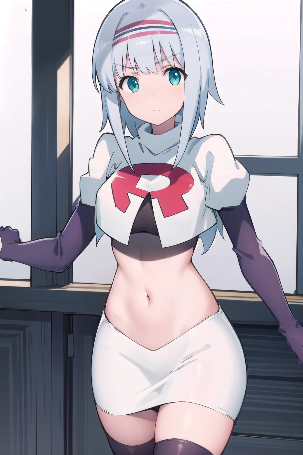 solo, 1girl, looking at viewer, 2D, anime, anime coloring, (simple background, solid white background:1.3),  linze silhoueska, team rocket,team rocket uniform,white skirt,red letter R,crop top,black thigh-highs,black elbow gloves