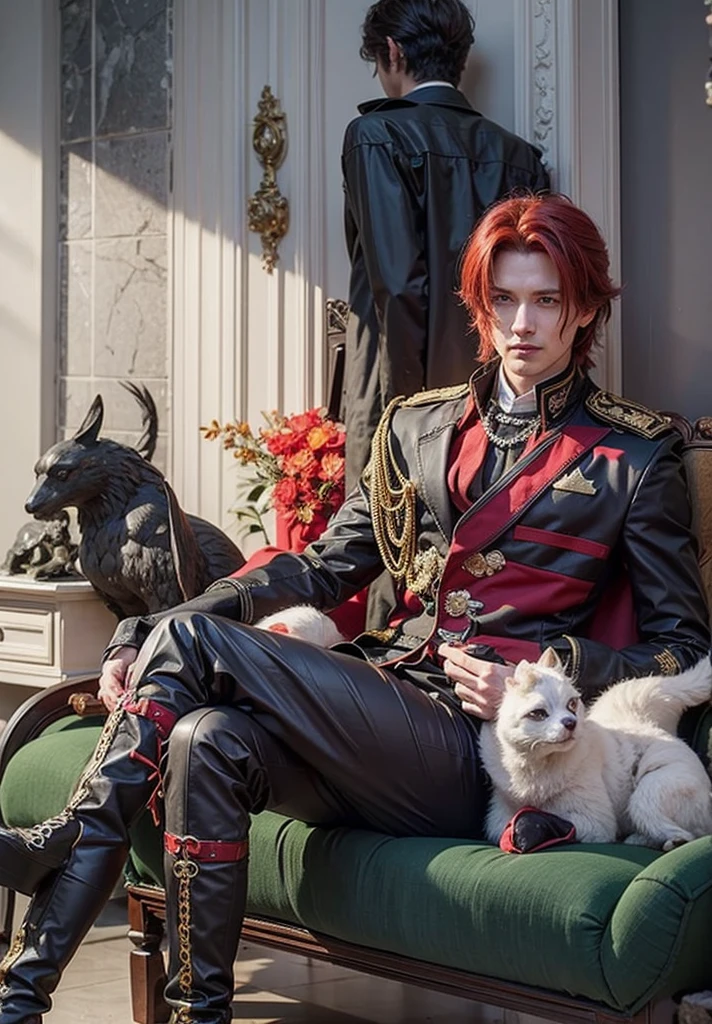 red haired guy wearing black royal clothes