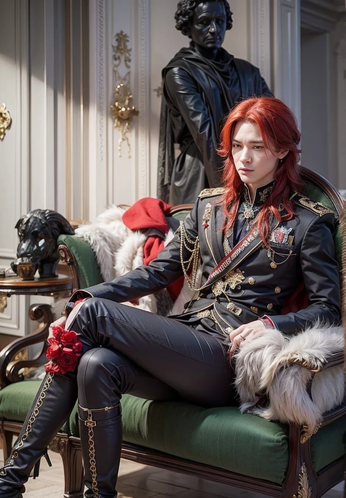 red haired guy wearing black royal clothes