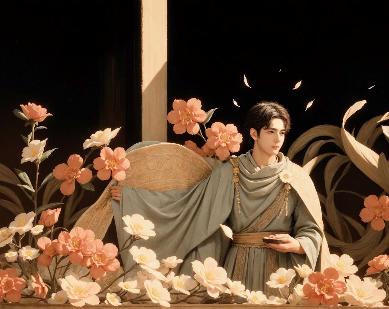 A handsome man surrounded by flowers，big eyes，Deep eyes，Delicate face，Ancient Greek style，Oil painting texture，Court dress，high quality，detail，8k