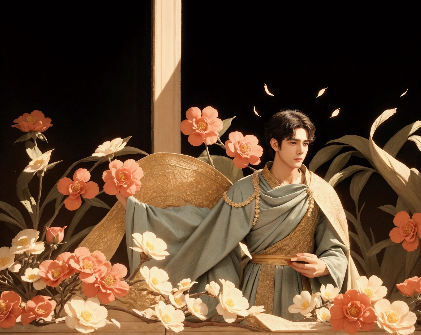 A handsome man surrounded by flowers,big eyes,Deep eyes,Delicate face,Ancient Greek style,Oil painting texture,Court dress,high quality,detail,8k