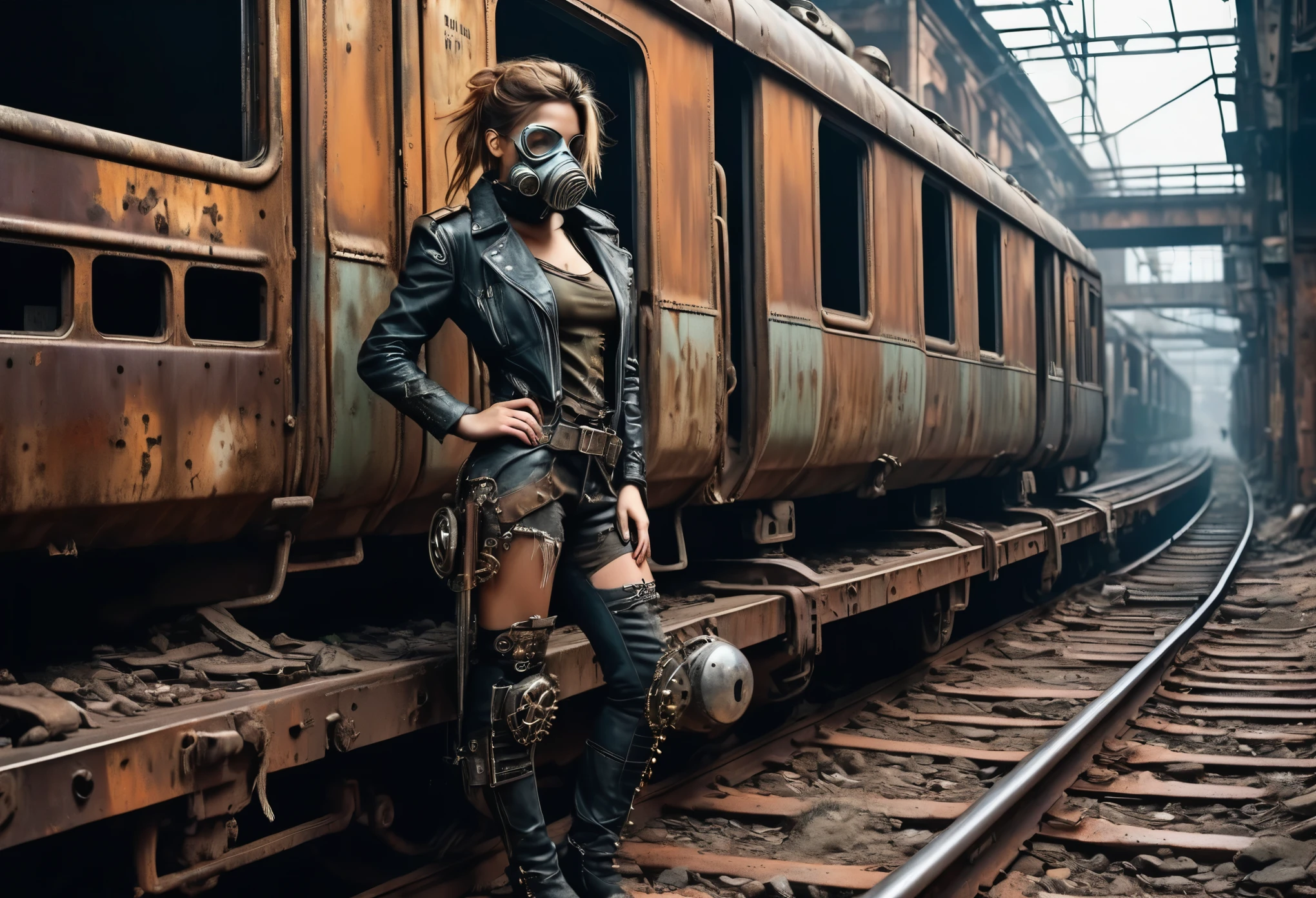 Create a diagonal and faithful image of a sad girl in torn clothes and dirty 18 year old madmax style leaning against the side of a long rusty and dirty subway train with METAL spikes around it, she is wearing an old gas mask, armored train, there are MANY SPOTS AROUND the train bodywork. front with a broken metal grille with several rusty spikes and blood-stained anti-zombie spikes; military style with modifications and protection with metal plates, war tank style, broken and dirty headlights with grilles, the train is passing underground inside an abandoned and dirty station in ruins underneath the center of the american city of ultra futuristic post-apocalyptic manhattan, there is vegetation growing in the corners of the walls in the season, there is debris lying on the train tracks, trem steampunk, dramatic art, dieselpunk art style, apocalyptic road warrior vibe, surreal digital art, mad max inspired, heavy metallic artwork, chrome grille symmetry, arte steampunk digital, It&#39;s not the Mad Max style, metallic art, is not Filip Hodas; artwork style, steampunk digital art, dieselpunk, in a hightech world, photo on the diagonal, high qualiy, 8k, extremely detaild, as realistic as possible, the highest possible quality.