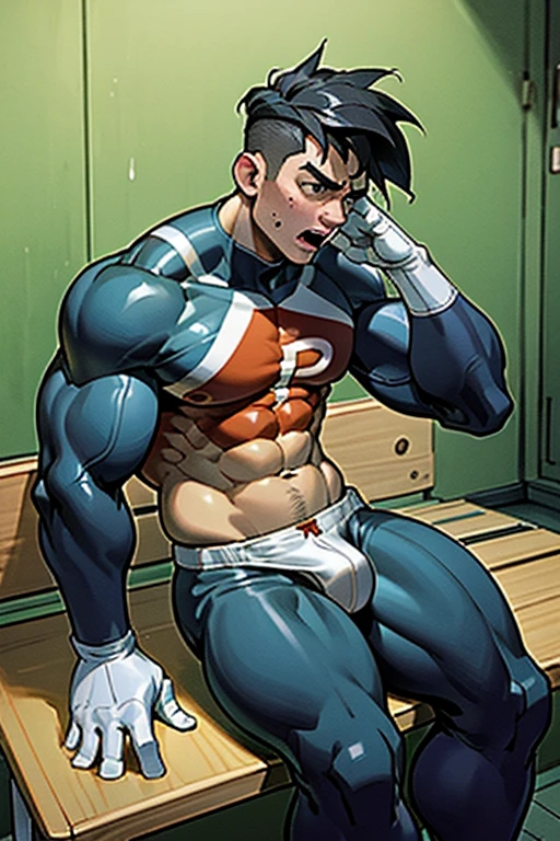 Danny Fenton in a locker room sitting on a wooden bench with brainwashed football jocks sitting on either side of him as he struggles not to be brainwashed as he is assimilated into their team. Turning into stereotypical football jock just like Dash Baxter. Black hair partially turned blonde. hyper muscles. Big biceps. Big triceps. Big traps. big lats. big deltoids. Big meaty pecs. Swollen hyper crotch bulge. Tenting crotch. Open mouth. Mindless blank stare. IQ drain. Dumber and dumber. big dumb jock. Jock assimilation. Hypnosis. Hypnotic trance. Brainwashing. Brainwashed. Hypnotized. Entranced. Jock assimilation. Jock conversion. Meathead. Musclehead. Brute. Bro. "Feeling ... kinda funny, like ... like my head is ... empty ... No thoughts, just ... just..... NO! Focus, Danny! I have to resist. Have to ... break free.... Have to ... have to..... I ... m-must.... I ... must...." Speaking in a dull monotone as he falls into trance. "Listen, ... repeat, ... conform, ... obey...." Speaking in unison with the other jocks in the locker room. "I ... I am sweaty. ... I am horny. ... I am sexy. ... I am dumb.... I'm just a mindless.... I'm just an empty, ... stupid, ... strong jock.... I am sweaty. I am horny. I am sexy. I am dumb. I'm just a mindless. I'm just an empty, ... stupid, ... strong jock.... I am sweaty...." Repeating over and over. Football uniform. Cleats. Shoulder pads. Jockstrap.