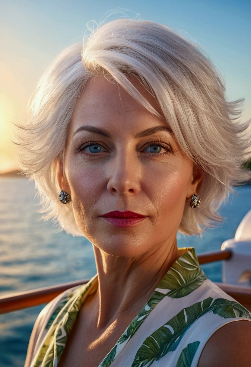 detailed portrait of a 45 year old woman with short white hair, beautiful detailed eyes,beautiful detailed lips,extremely detailed eyes and face,longeyelashes, enjoying on a tropical island, beach background, parasols, ocean, passenger yacht in the sea, sunset lighting, photorealistic, 8k, high quality, masterpiece, gorgeous colors, vibrant, stunning, realistic, physically-based rendering, panoramic photography style