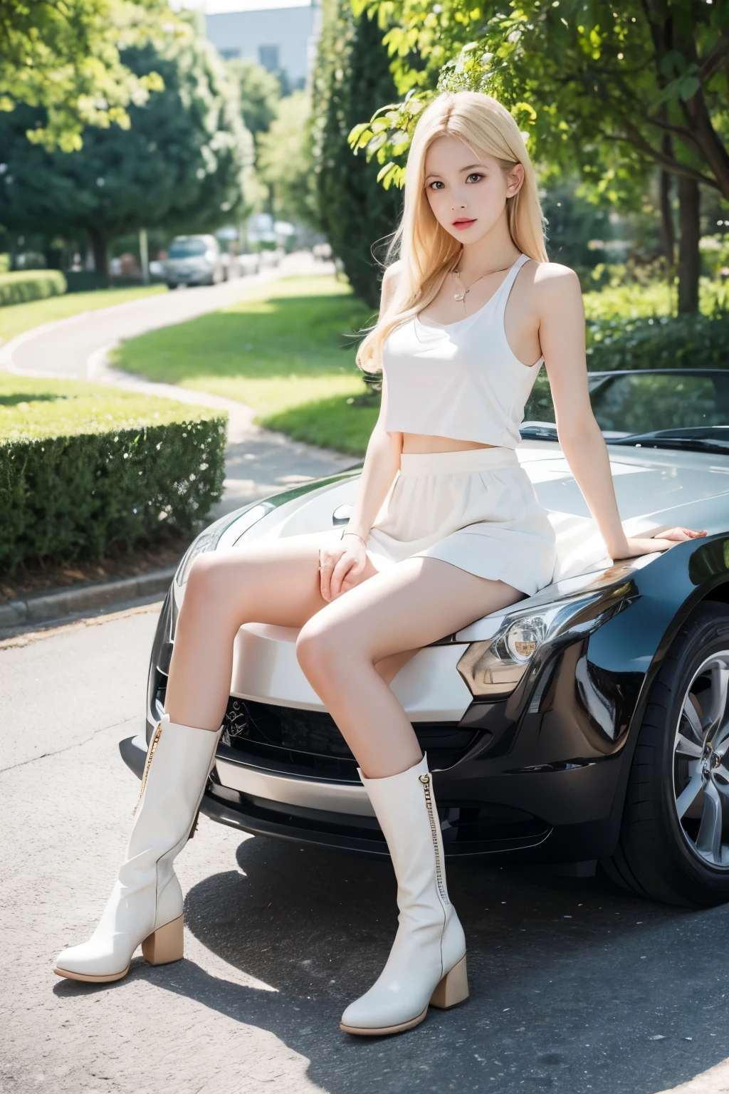 White、Blonde、slender、Tank top、skirt、Thighs、boots、Country、carriage