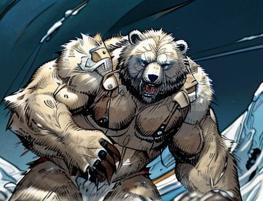 A frontal image of the moment of a polar bear attack on Expectador . The polar bear attacks the spectator with his binges, the bear is furious . Animal rage rage . He wears a very torn and torn leather blanket as primitive clothing.. He attacks , dynamic angle.