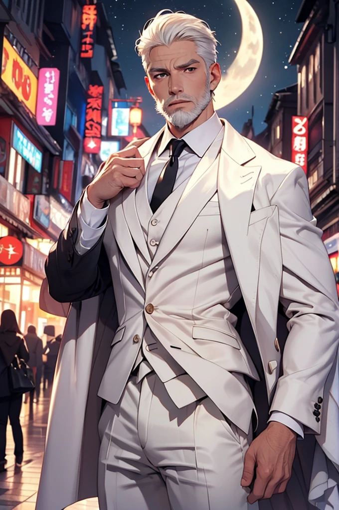 masterpiece, Highest quality, (alone focus), (Perfect Face:1.1), (Attention to detail:1.1),dramatic, 1 person, (Pale skin), Long white hair, White eyes, [Thin eyebrows], alone, Long Hair, moon, night, White luxury suit, Covered navel, Pouting, Covered, Future City, Detailed Background, art：artgerm と greg rutkowski, Cinema Lighting, rose, fashion, Balenciaga Style