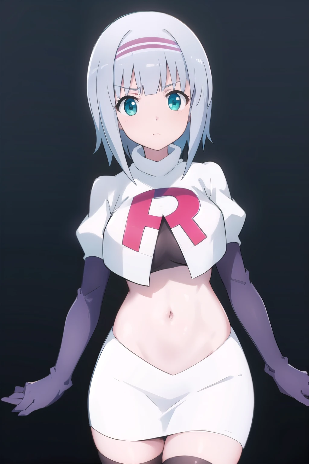 solo, 1girl, looking at viewer, 2D, anime, anime coloring, (simple background, solid white background:1.3), linze silhoueska, team rocket,team rocket uniform,white skirt,red letter R,crop top,black thigh-highs,black elbow gloves