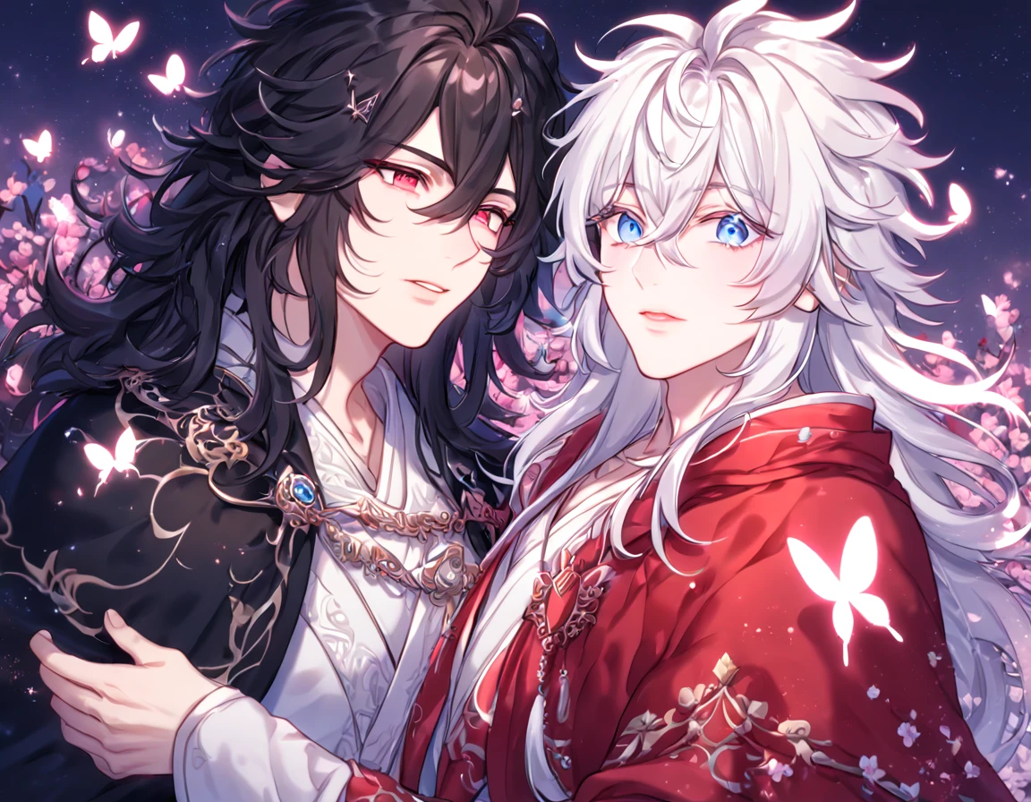 absurdres, highres, ultra detailed, HDR, master piece, best quality, extremely detailed face, delicated features, Xue Yu, untamed spiky hair, black hair, long hair, hair between the eyes, expressive red eyes, Thousand Years War, Gojou Satoru, white hair, messy hair, expressive blue eyes, two sexy men together, gay couple, yaoi, handsome, black cape, red robes, white robes, accessories, patterns, fantasy, magical, radiant, pink butterflies, pink flowers, night sky, shinning pink moon, blossoms