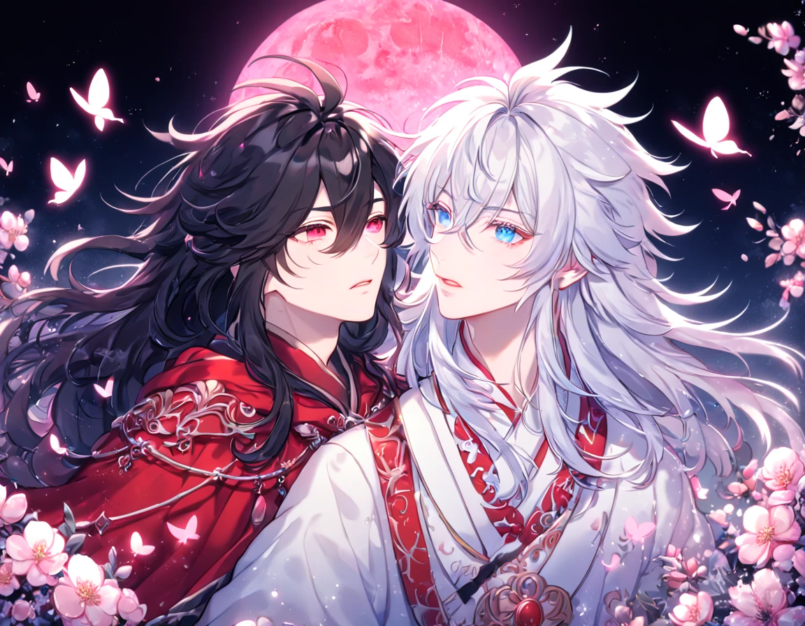 absurdres, highres, ultra detailed, HDR, master piece, best quality, extremely detailed face, delicated features, Xue Yu, untamed spiky hair, black hair, long hair, hair between the eyes, expressive red eyes, Thousand Years War, Gojou Satoru, white hair, messy hair, expressive blue eyes, two sexy men together, gay couple, yaoi, handsome, black cape, red robes, white robes, accessories, patterns, fantasy, magical, radiant, pink butterflies, pink flowers, night sky, shinning pink moon, blossoms