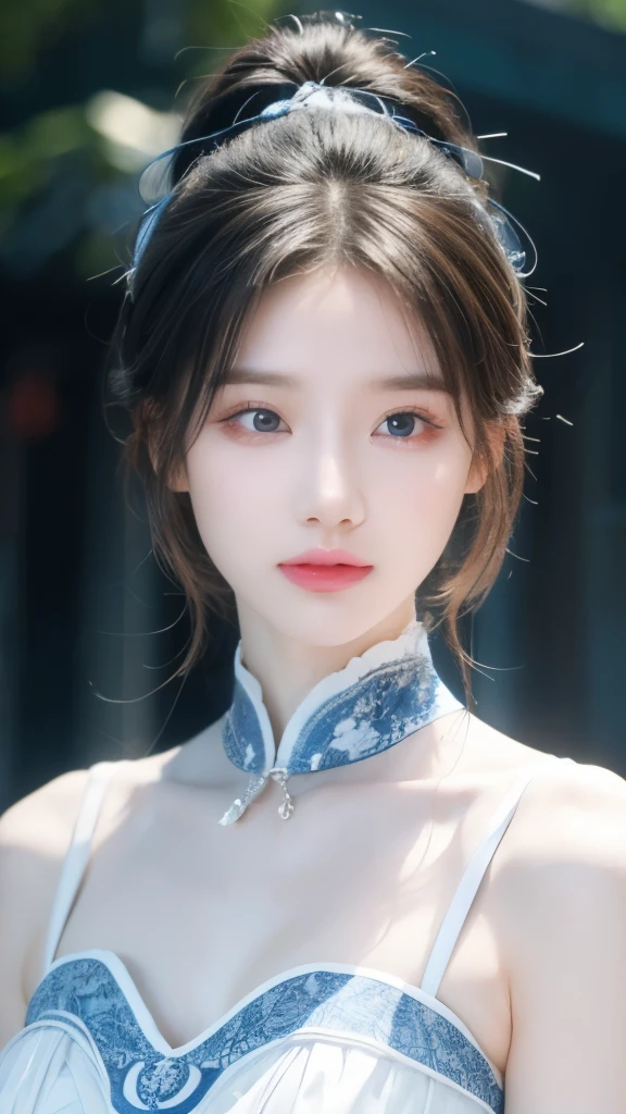 Blue and white porcelain style，Chinese Clothing，The costumes are blue and white in theme，Chinese Art Style，Fashion model 18 years old [[[[Close-up cleavage]]]], [[[[breast]]]], [[[[Cole]]]], [[[[Shoulder]]]], Perfect eyes, Perfect Iris，Perfect lips，Perfect Teeth，Perfect skin，Fair skin，Soft headlight，HDR，girl，White hair，Sad expression，Background is outdoor，White powder wall，4K ultra HD, Ultra-high resolution, (Reality: 1.4), best quality，masterpiece，Super dilution，（Pastel colors：1.2）