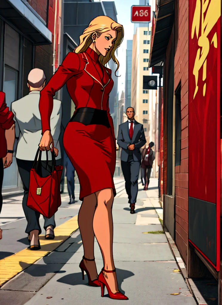 90s skinny adult long blonde hair business woman in a red suit
, red pencil skirt , and red heels  full body 