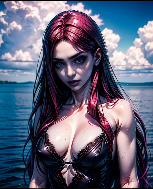 ( Absurd , High quality , ultra detailed, careful with hand )Zodiac - Cancer goddess , similar to latin goodness , Intelligent, crafty, rational, strong-willed face , mature , Tenacious, moody, irritable, oppressive style , ocean blue eyes(eyes detail), long hair , dark pink hair , transparent dress , lace lingerie, in the ocean with flowers , whole body , innocent make up look ,