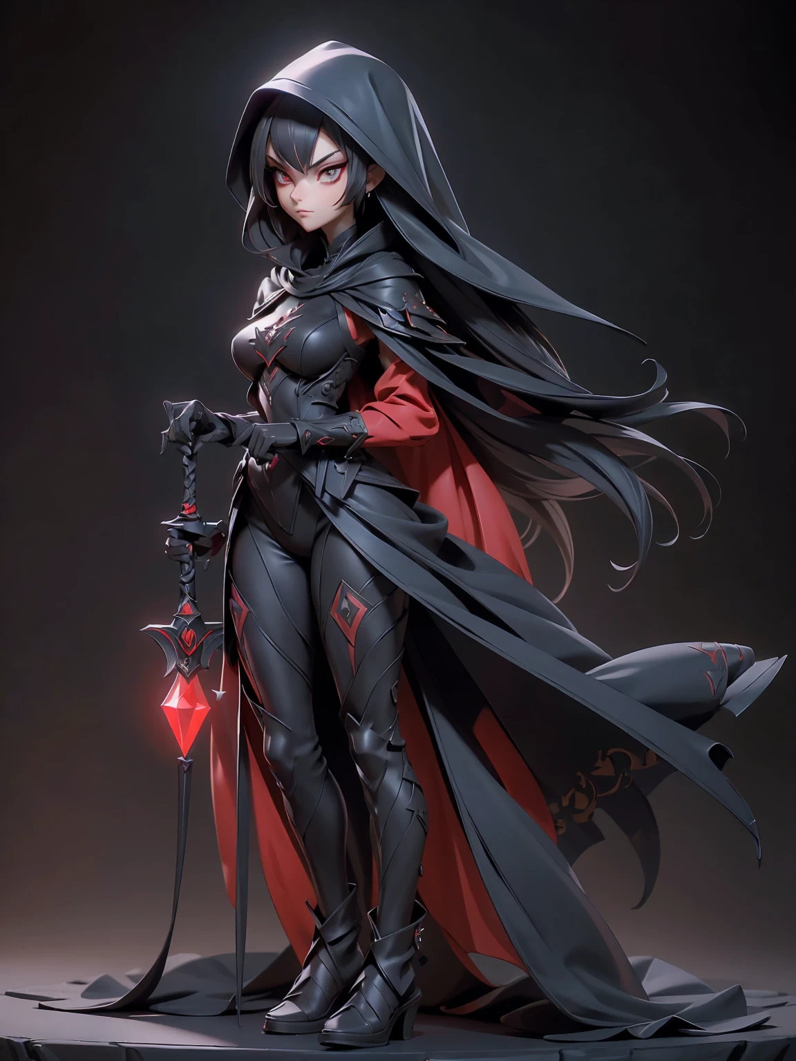 (((masterpiece, best quality, high detailed, 16k))) (1girl) A and slender assassin with a mysterious aura, concealed under a dark hood. Her sharp, almond-shaped red eyes peer out from under the hood, glinting with cunning and precision. She wears sleek ornate black armor, designed for stealth and agility, adorned with subtle, intricate patterns. In her hand, she wields a finely detailed dagger, the blade gleaming with a sinister edge, and a striking red gemstone embedded in the hilt. Her cloak billows slightly, adding to her enigmatic presence.(extremely detailed:1.4) ((full body view))
