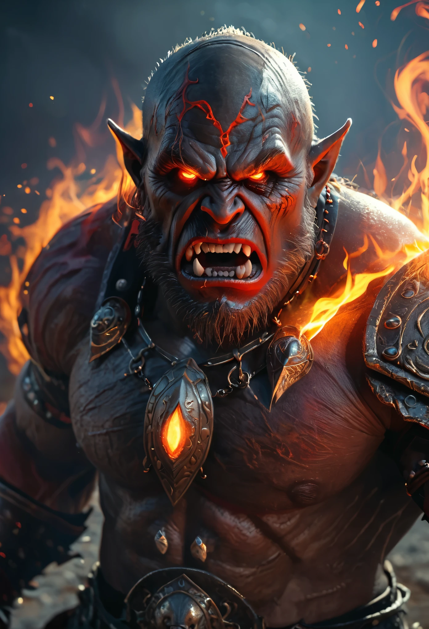 (best quality,4k,8k,highres,masterpiece:1.2),ultra-detailed,(realistic,photorealistic,photo-realistic:1.37),raging orc warrior,angry orc,screaming orc,mystical creature,tribal armor,otherworldly,terrifying,highly detailed face and body,inhuman features and proportions,mystical aura,glowing fiery eyes,dark,ominous atmosphere,dramatic lighting,vibrant color,blood particles swirling around,dark energy emanating,powerful presence,ethereal beauty,herculean strength,captivating gaze,unsettling presence,haunting and mesmerizing,horrifyingly enchanting