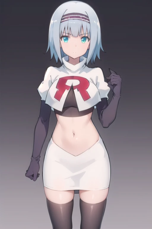 solo, 1girl, looking at viewer, 2D, anime, anime coloring, (simple background, solid white background:1.3),  linze silhoueska, team rocket,team rocket uniform,white skirt,red letter R,crop top,black thigh-highs,black elbow gloves