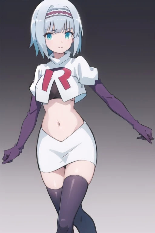 solo, 1girl, looking at viewer, 2D, anime, anime coloring, (simple background, solid white background:1.3),  linze silhoueska, team rocket,team rocket uniform,white skirt,red letter R,crop top,black thigh-highs,black elbow gloves