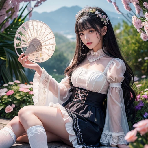 best quality, masterpiece, lifelike, 1 girl, solitary, eternity, black hair, Long curly hair, Bangs, laugh out loud, Layered lace skirt,  Puff sleeves, Wide sleeves, Transparent sleeves,  在flower园里, flower, Detailed Background,  Delicate face，pink blush，White，knee socks, pink shoes，cold，lots of lace，((​masterpiece))、(top quality)、8k、high detail、Super detailed、 21 years old female，​masterpiece、born、Scenes resembling Fairy tale illustrations、intricate details showcase the ruffles and intricate designs of the Lolita dress、Fair、magic、realism、Visual effects、FXAA、SSAO、Shader、voiceless、ambient lighting、Tone mapping、High resolution、Ultra high quality、Million pixels、(8k resolution:1.10)、8k resolution、high detail、intricate details、 (high quality:1.2、​masterpiece:1.2、:1.21)、(21 years old female）(Surrounded by a dreamy atmosphere ），Hair accessories are not allowed,holding a fan,The fan unfolds under the chin