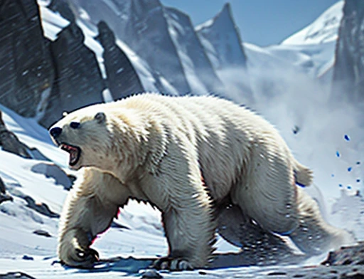 4K, masterpiece, detailded.💚（（tmasterpiece）），（（（best qualtiy））），（CharacterDesignSheet，Same role，frontage，Lateral face，on  back），concept-art，concept art of character，Character sketches，reference sheet，Role table,💚 A frontal image of the moment of a polar bear attack on Expectador . The polar bear attacks the spectator with his binges, the bear is furious . Animal rage rage . He wears a very torn and torn leather blanket as primitive clothing.. He attacks , dynamic angle. Full body photography Full body photography. Different angles and camera positions throughout.