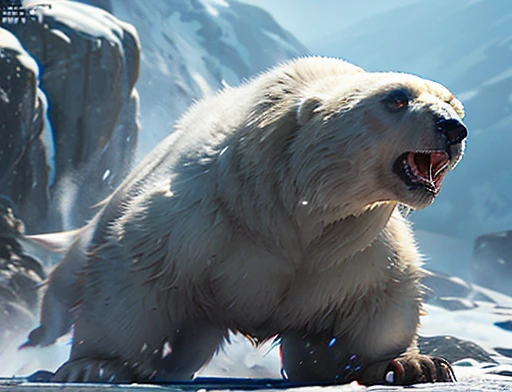 4K, masterpiece, detailded.💚（（tmasterpiece）），（（（best qualtiy））），（CharacterDesignSheet，Same role，frontage，Lateral face，on  back），concept-art，concept art of character，Character sketches，reference sheet，Role table,💚 A frontal image of the moment of a polar bear attack on Expectador . The polar bear attacks the spectator with his binges, the bear is furious . Animal rage rage . He wears a very torn and torn leather blanket as primitive clothing.. He attacks , dynamic angle. Full body photography Full body photography. Different angles and camera positions throughout.