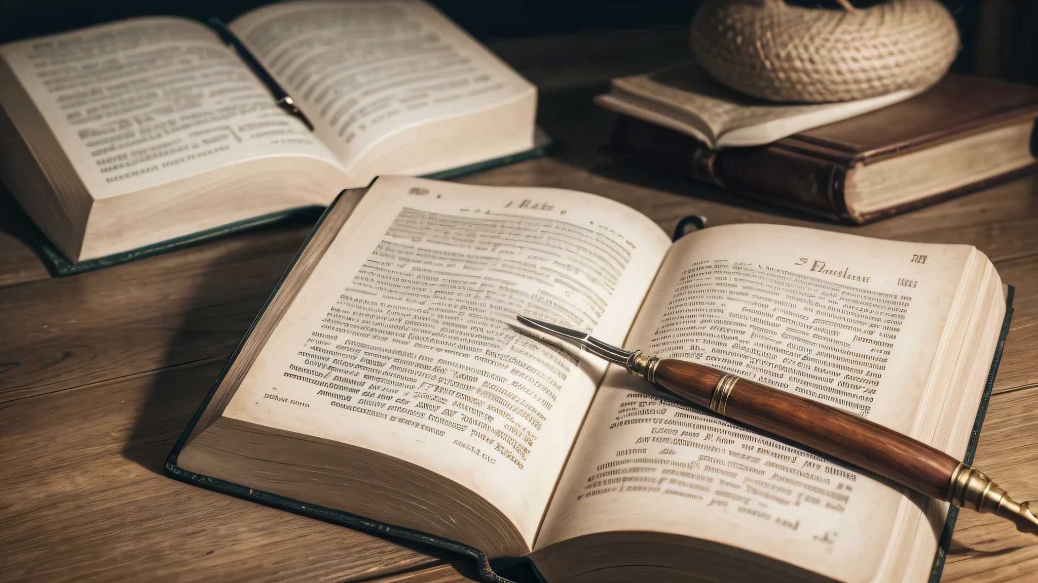 Create an image of an open Bible on the page of Psalm 23. The Bible should be positioned in a calm and serene setting, such as on a wooden table in a well-lit room. The open page should clearly display the text of Psalm 23, with a readable font and visible details. Add elements like a fabric bookmark, partially visible, and an antique quill pen beside the Bible, adding a touch of elegance and reverence. The lighting should be soft and natural, highlighting the text and the Bible's details without casting harsh shadows.