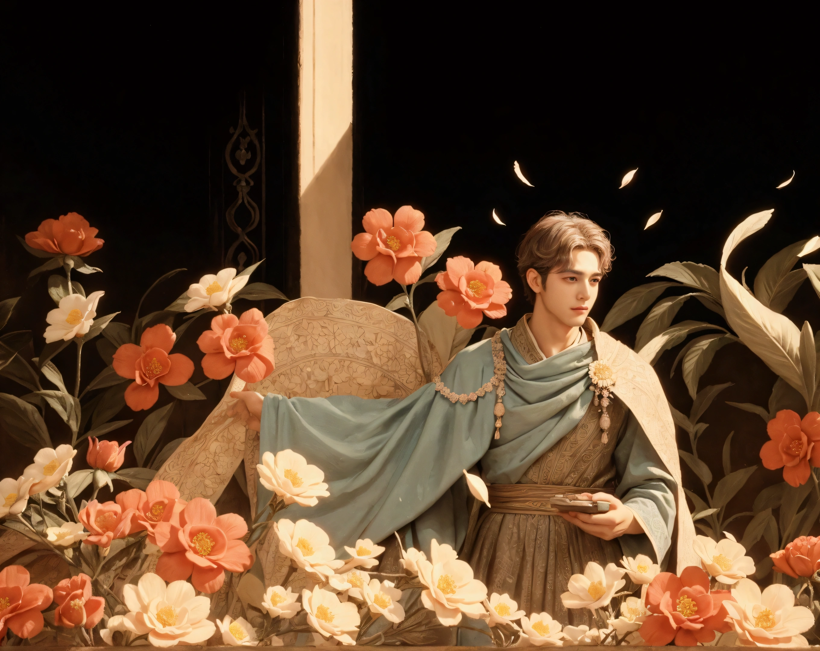A handsome man surrounded by flowers,big eyes,Deep eyes,Delicate face,Ancient Greek style,Oil painting texture,Court dress,high quality,detail,8k