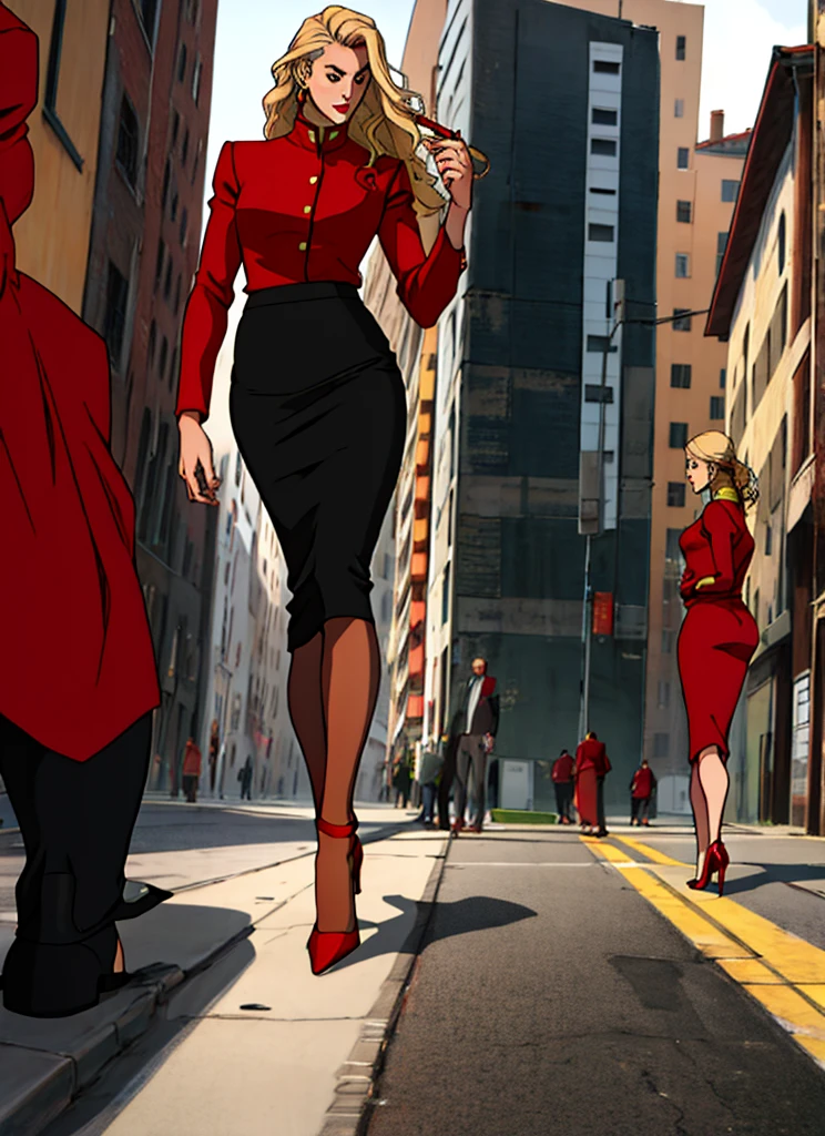 90s skinny adult long blonde hair business woman in a red suit
, red pencil skirt , and red heels  full body 