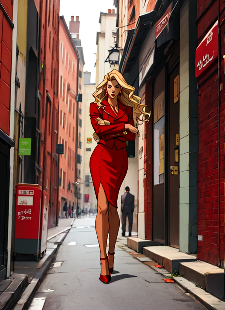 90s skinny adult long blonde hair business woman in a red suit
, red pencil skirt , and red heels  full body 