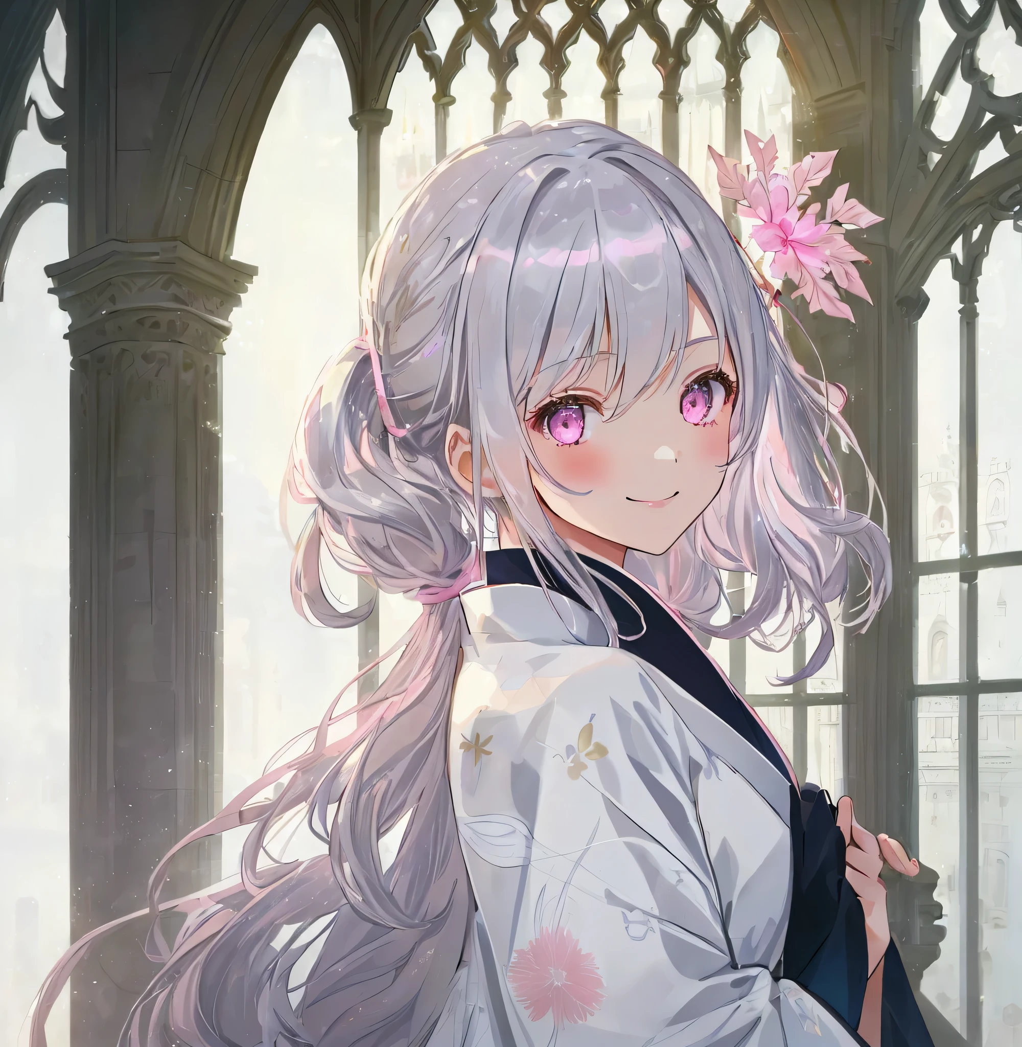 1 girl in、(silver medium Hair)、side ponytailed、pink eye、Looking at the camera、from side,delicate finger、beautiful ilumination、(adult),white kimono、miko costume、smile,laugh,((cathedral background))、(High resolution of the highest quality)、((Masterpieces of the highest quality:1.2))