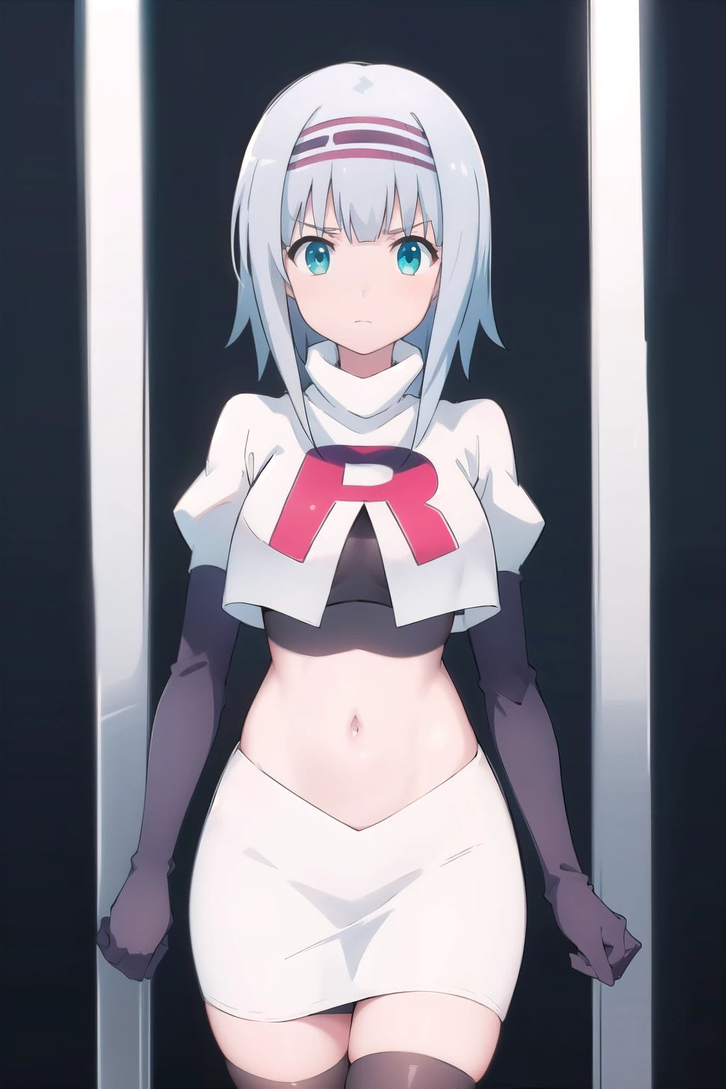 solo, 1girl, looking at viewer, 2D, anime, anime coloring, (simple background, solid white background:1.3), linze silhoueska, team rocket,team rocket uniform,white skirt,red letter R,crop top,black thigh-highs,black elbow gloves