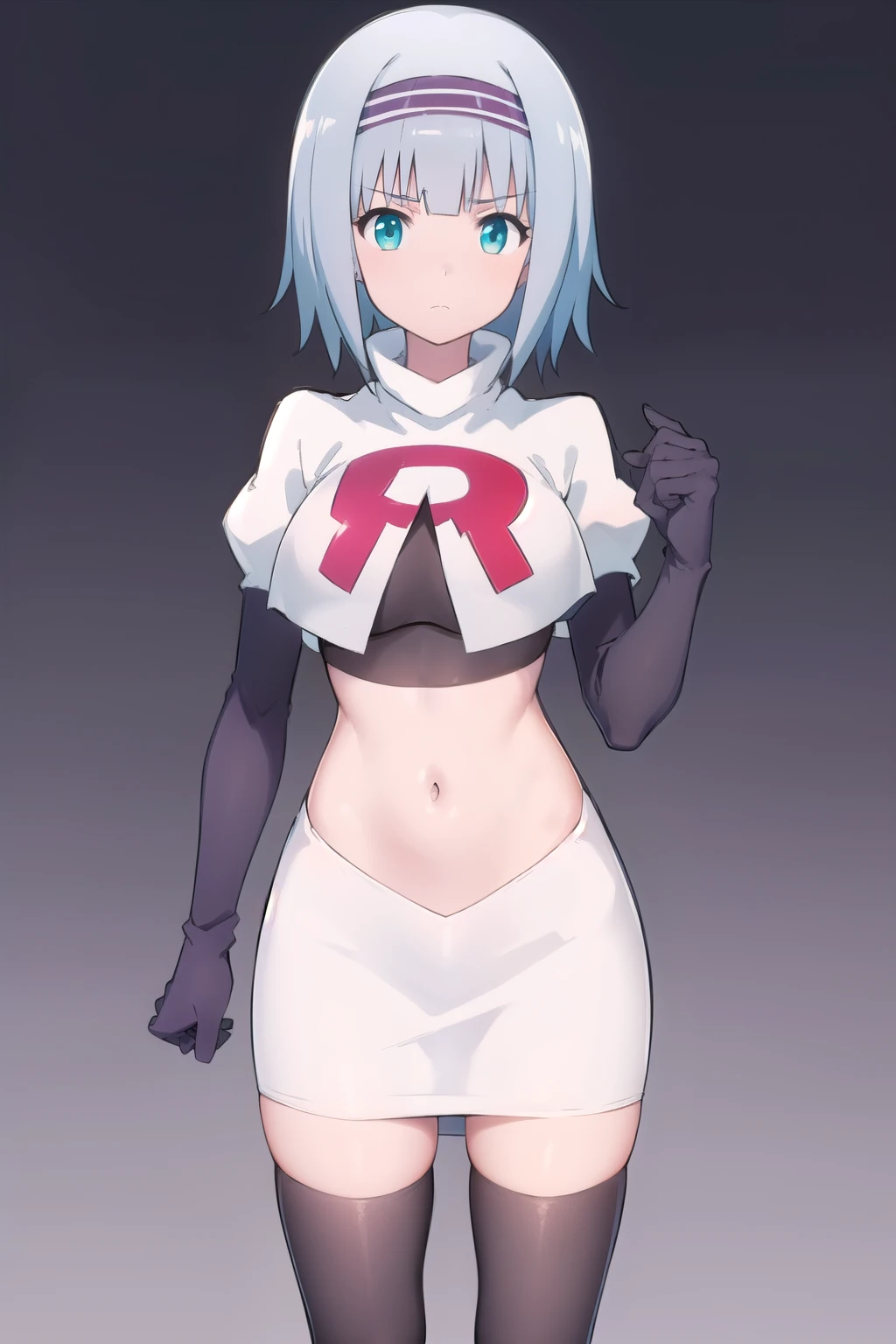 solo, 1girl, looking at viewer, 2D, anime, anime coloring, (simple background, solid white background:1.3),  linze silhoueska, team rocket,team rocket uniform,white skirt,red letter R,crop top,black thigh-highs,black elbow gloves