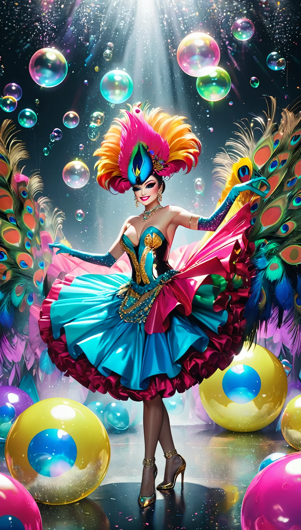 conceptual installation pop art, sumptuous feast, drag queen dancers with strong personalities, flashy makeup, flashy costumes, flashy, luxurious jewelry, like a flashy peacock, smiling faces, amazing dancing, shading effects, gradation magic effects, glitter effects, soap bubbles effects, foggy filter effect, (ultra detailed, absolutely resolution, best quality:1.3), 2.5D, delicate and dynamic, artistic photography, hyper realistic, graphic CG digital art