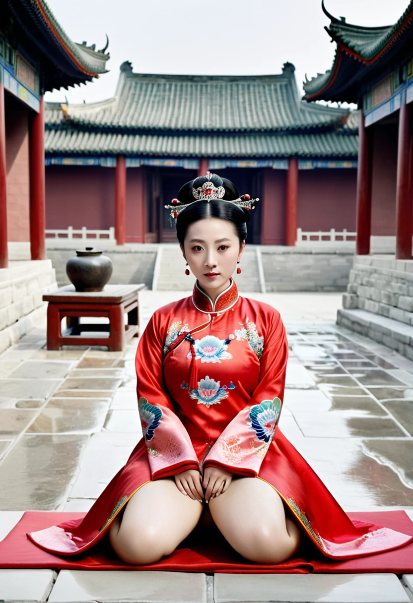 A woman seen from the front, sitting on the ground facing forward with her legs apart. Empress of the Qing Dynasty, Chinese imperial court. The Chinese empress is wearing a crown and a red Manchu dress with a floral pattern, open at the front, exposing her chest, lower abdomen, thighs and feet.。She is wearing no underwear, and her large breasts are exposed, right down to her bare stomach. Her hair is tied up and pulled up, and the background is the stone pavement of the Chinese palace of the Qing Dynasty.