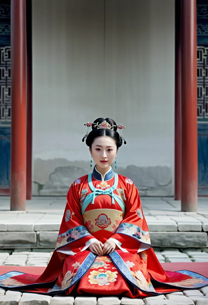 A woman seen from the front, sitting on the ground facing forward with her legs apart. Empress of the Qing Dynasty, Chinese imperial court. The Chinese empress is wearing a crown and a red Manchu dress with a floral pattern, open at the front, exposing her chest, lower abdomen, thighs and feet.。She is wearing no underwear, and her large breasts are exposed, right down to her bare stomach. Her hair is tied up and pulled up, and the background is the stone pavement of the Chinese palace of the Qing Dynasty.