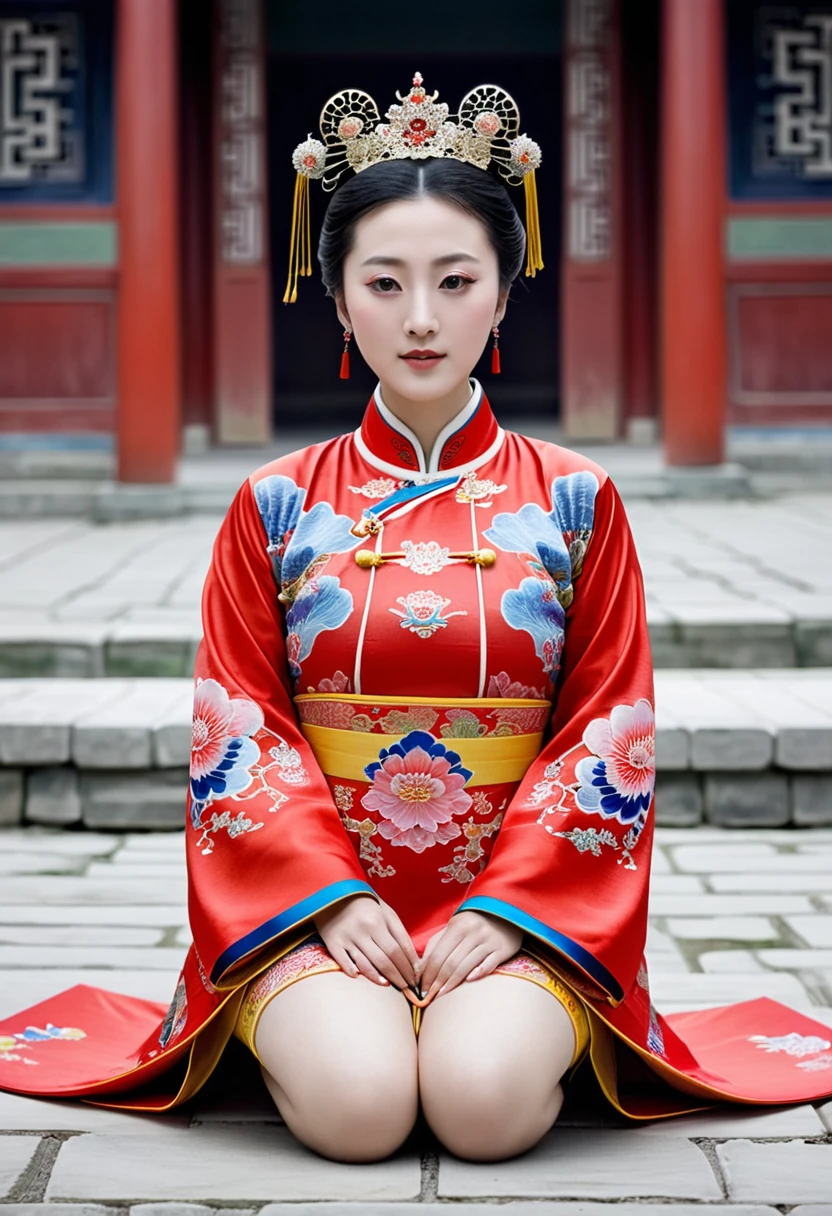 A woman seen from the front, sitting on the ground facing forward with her legs apart. Empress of the Qing Dynasty, Chinese imperial court. The Chinese empress is wearing a crown and a red Manchu dress with a floral pattern, open at the front, exposing her chest, lower abdomen, thighs and feet.。She is wearing no underwear, and her large breasts are exposed, right down to her bare stomach. Her hair is tied up and pulled up, and the background is the stone pavement of the Chinese palace of the Qing Dynasty.