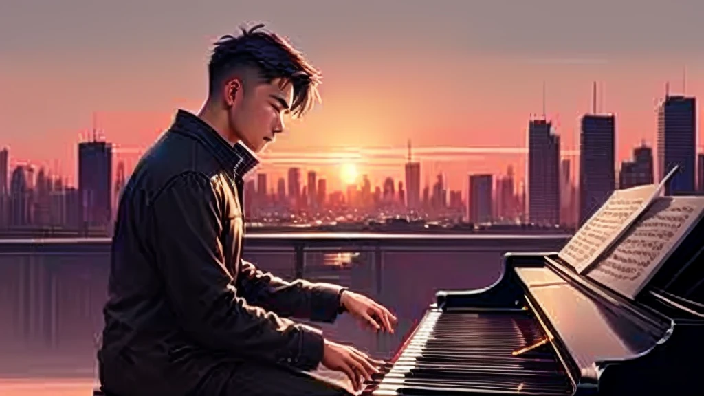 Pictorial illustration of a man playing piano in front of a city skyline, Atei Gailan Style, pianist, musician, By Atey Gairan, Great composition, Alena Aenami, inspired By Atey Gairan, inspired Alena Aenami, artistic. Alena Aenami, artistic illustration, Great composition, Sunset in the city