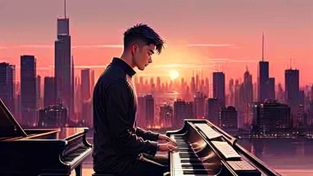 Pictorial illustration of a man playing piano in front of a city skyline, Atei Gailan Style, pianist, musician, By Atey Gairan, Great composition, Alena Aenami, inspired By Atey Gairan, inspired Alena Aenami, artistic. Alena Aenami, artistic illustration, Great composition, Sunset in the city