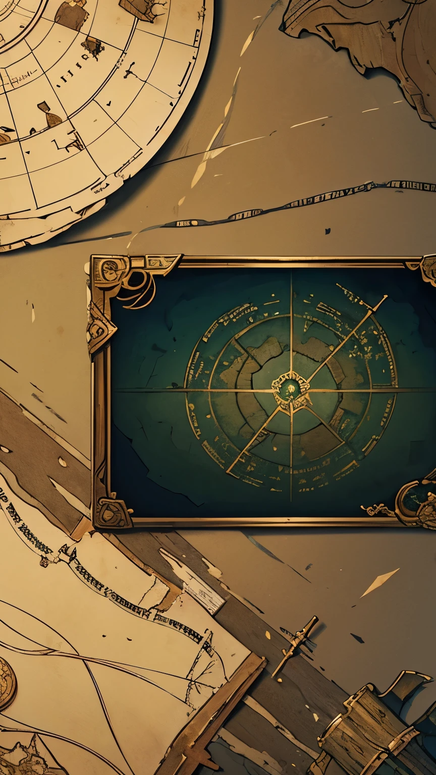 dark fantasy, Setting: Close-up of an old, detailed map.

Details:

Map: Old, with worn edges and mystical markings. Shows a winding path and locations of interest.
Artifact: The map highlights the location of the Artifact of Balance, marked with an archaic symbol.
Setting: Map on a stone table, with soft lights reflecting off the parchments and symbols.
Colors: Shades of aged brown, gold and dark green, with magical glitter details.
Atmosphere: Mysterious and historical, highlighting the importance and secret of the Artifact.