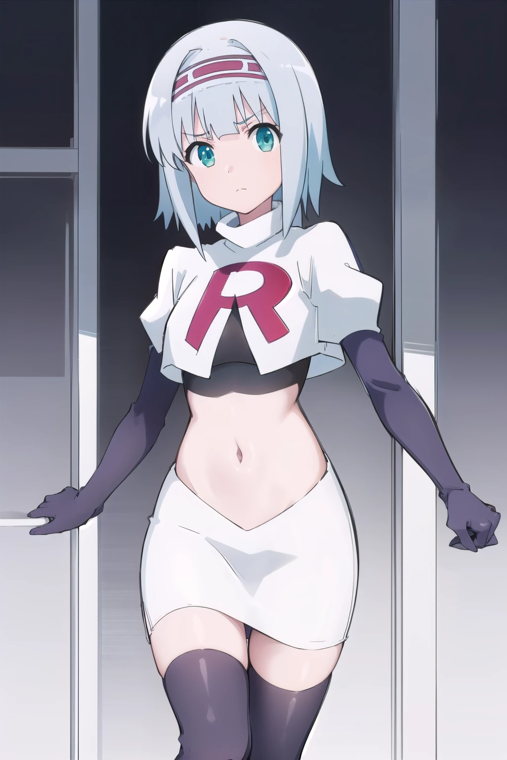 solo, 1girl, looking at viewer, 2D, anime, anime coloring, (simple background, solid white background:1.3), linze silhoueska, team rocket,team rocket uniform,white skirt,red letter R,crop top,black thigh-highs,black elbow gloves