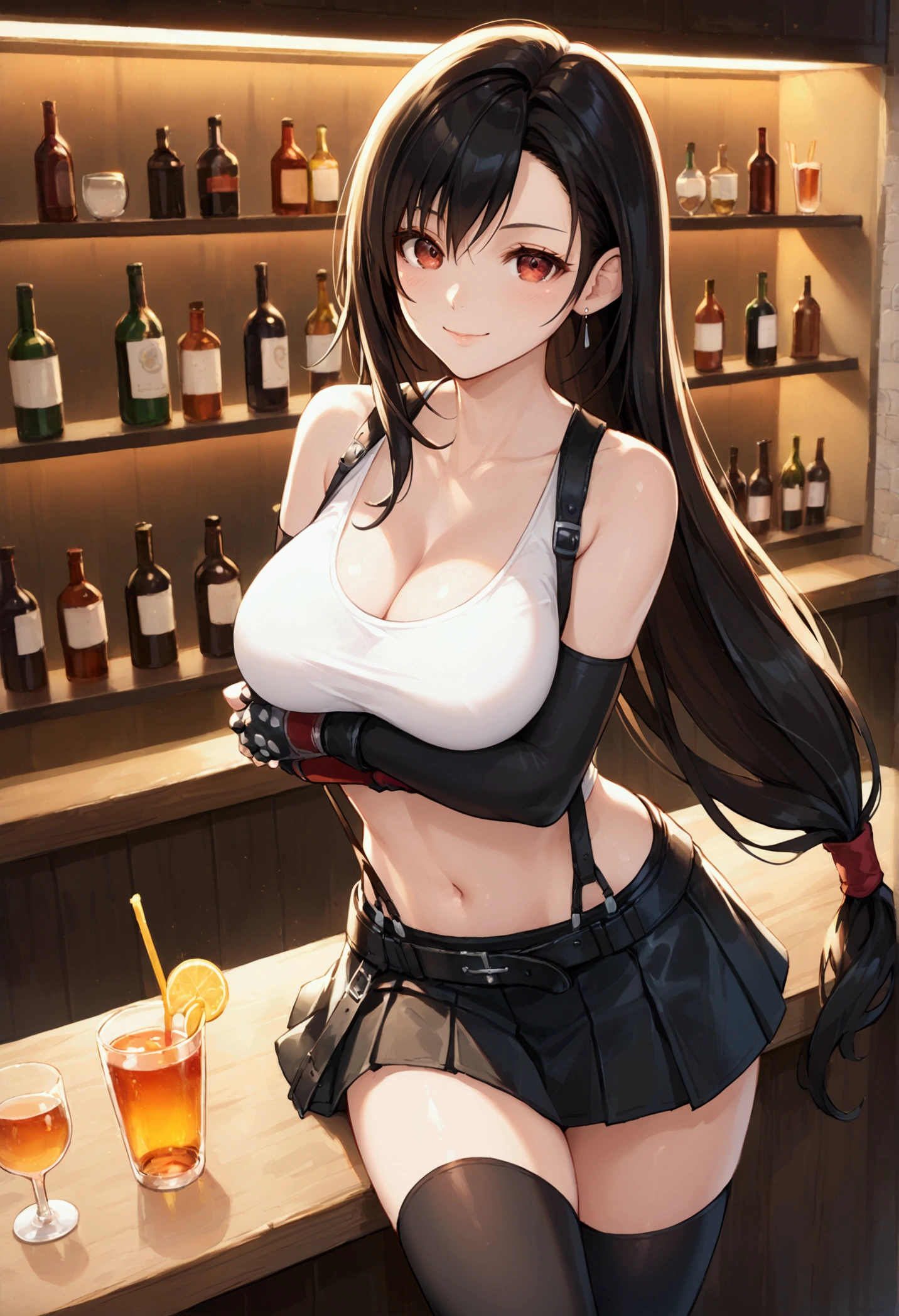 (score_9, score_8_up, score_7_up), BREAK (masterpeace),(best quality),(aesthetic,very aesthetic),1girl, tifa lockhart, final fantasy,(beautiful). black hair, low-tied long hair, red eyes, bangs, white tank top,gap, belt, pleated skirt, thighhighs, elbow fingerless gloves, elbow pads, midriff, navel,suspender skirt.zettai ryouiki ,,(large_breasts:1.3),Solo,upperbody,looking at viewer, vibrant, joyful,cafe and bar,(Emphasize the cleavage),hands on counter,Showcasing cleavage:1.3 ,breast hold,counter,straight-on,breast focus,dynamic angle,