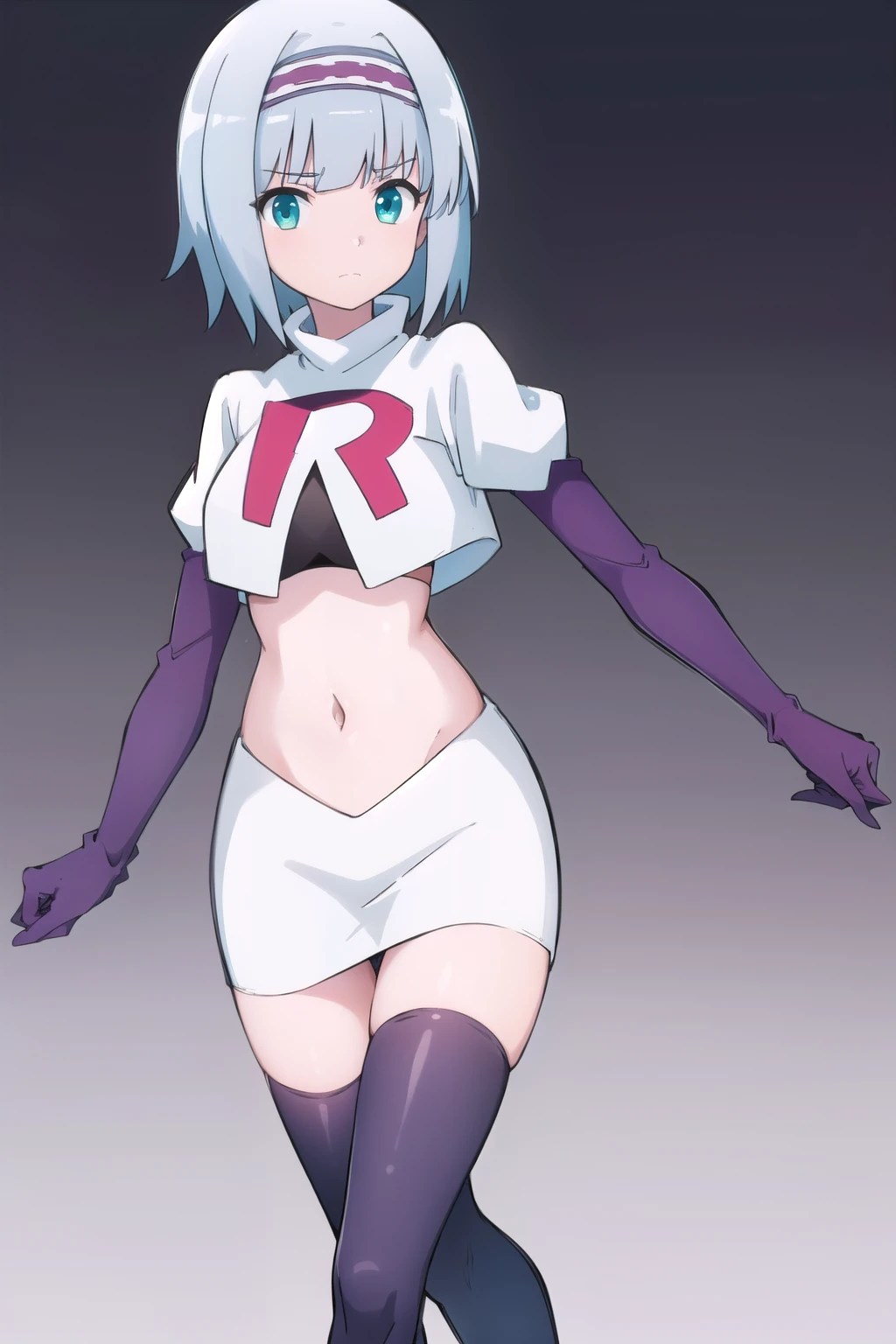 solo, 1girl, looking at viewer, 2D, anime, anime coloring, (simple background, solid white background:1.3), linze silhoueska, team rocket,team rocket uniform,white skirt,red letter R,crop top,black thigh-highs,black elbow gloves