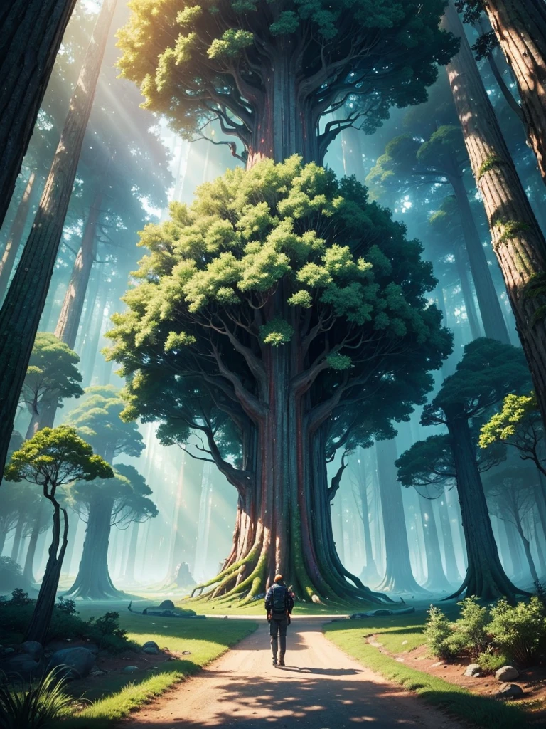 mysteriousな超巨大なトンネルの中に森がある，Giant Tree Forest，There is a huge tree，Different world，new world，universe，There is a road in the middle of the forest，Different world，The sunlight from the sun shines on the earth，Colorful，Best Quality，8k，mysteriouultidimensional，High Dimension，Fantasy，Different space，There are many different creatures，Nature，romantic，A world beyond imagination，Dream world，universe，Huge river，masterpiece，最高masterpiece，perfection，