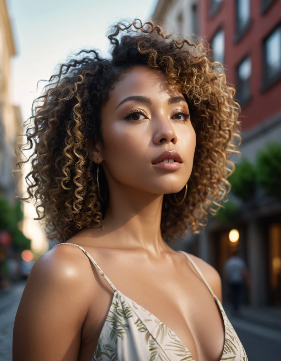 ultra realistic close-up photography of a stunning mixed race brazilian light afro and japanese woman standing outdoors. Drop dead gorgeous woman in fashion body dress with curly hair,looking upwards with a contemplative expression, very attractive, The background is blurred with an urban setting with buildings and some foliage. The lighting in the photograph is soft,and the focus is on the person,Cinematic, Photoshoot, Shot on 25mm lens, Depth of Field, Tilt Blur, Shutter Speed 1/1000, F/22, White Balance, 32k, Super-Resolution, Pro Photo RGB, Half rear Lighting, Backlight, Dramatic Lighting, Incandescent, Soft Lighting, Volumetric, Conte-Jour, Global Illumination, Screen-Space Global Illumination, Scatter, Shadows, Harsh, Flicker, Lumen Reflections, Screen-Space Reflections, Diffraction Gradation, Chromatic Aberration, GB Shift, Scanlines, Ambient Occlusion, Anti-Aliasing, FKAA, TXAA, RTX, SSAO, OpenGL-Shader's, Post-Processing, Post-Production, Cell Shading, Tone Mapping, CGI, VFX, SFX, Insanely Detailed and Intricate, Hyper maximalist, elegant, dynamic pose, photography, volumetric, ultra-detailed, intricate details, super detailed, environment –uplight –v 6 –q 2, final render
