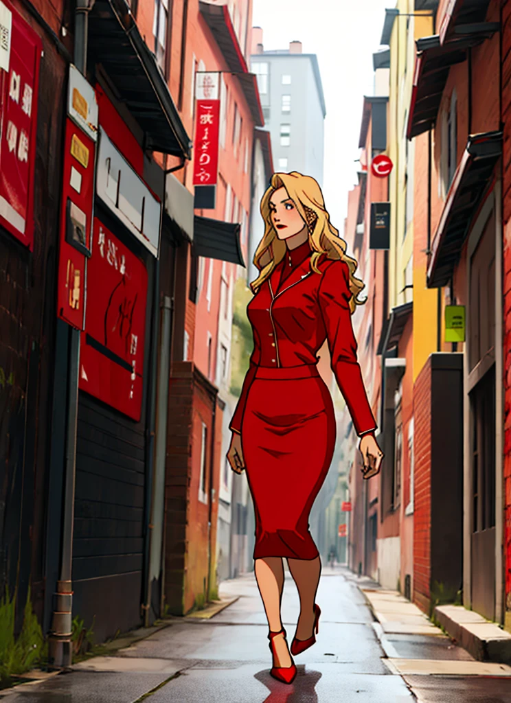 90s skinny adult long blonde hair business woman in a red suit
, red pencil skirt , and red heels  full body 