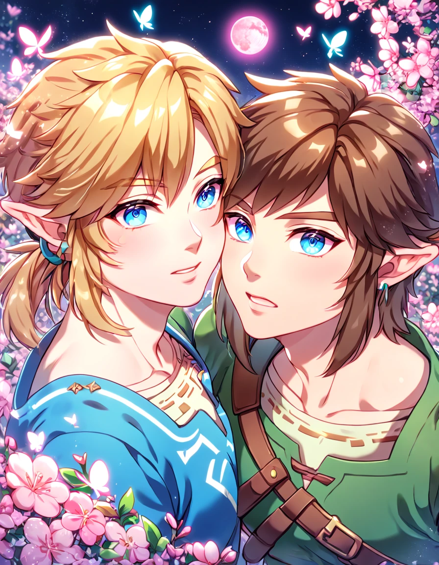 absurdres, highres, ultra detailed, HDR, master piece, best quality, extremely detailed face, delicated features, Link, brown hair, expressive blue eyes, The Legend Of Zelda, Link, blonde hair, expressive blue eyes, two sexy men together, gay couple, yaoi, handsome, green tunic, blue tunic, fantasy, magical, radiant, pink butterflies, pink flowers, night sky, shinning pink moon, blossoms, Twilight Princess & Breath Of The Wild