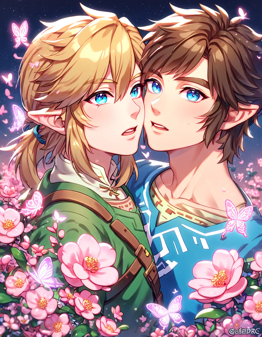 absurdres, highres, ultra detailed, HDR, master piece, best quality, extremely detailed face, delicated features, Link, brown hair, expressive blue eyes, The Legend Of Zelda, Link, blonde hair, expressive blue eyes, two sexy men together, gay couple, yaoi, handsome, green tunic, blue tunic, fantasy, magical, radiant, pink butterflies, pink flowers, night sky, shinning pink moon, blossoms, Twilight Princess & Breath Of The Wild