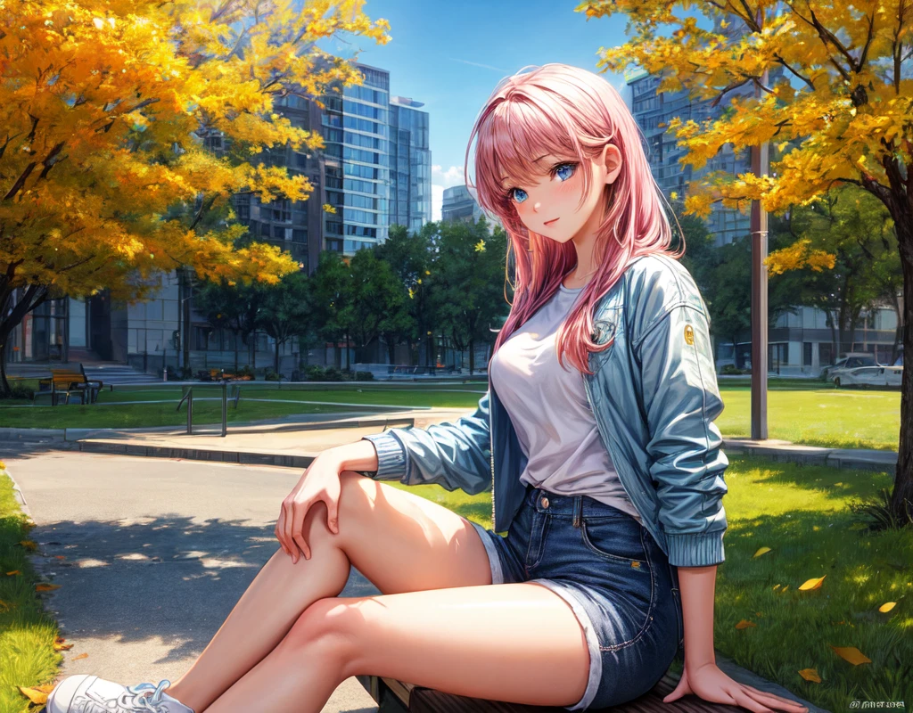 realistic, 8k, a beautiful anime girls, blue eyes, with long pink hair, white tide shirt, body goals, blue jacket, short pants, wearing white sneakers shoes, individual sitting on a park bench. The sun is bright, casting gentle shadows, with golden-yellow leaves on the trees, A serene urban park at midday, with a blend of nature and cityscape in the background The color palette is warm and vibrant, with yellows, oranges, and soft greens, creating an uplifting and motivational atmosphere, The style is soft and illustrated, with smooth lines and gentle textures.