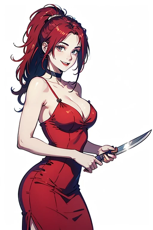 A pale skinny girl with red messy hair, in a ponytail, in a red long dress, large breasts slim butt holding a knife, smiling